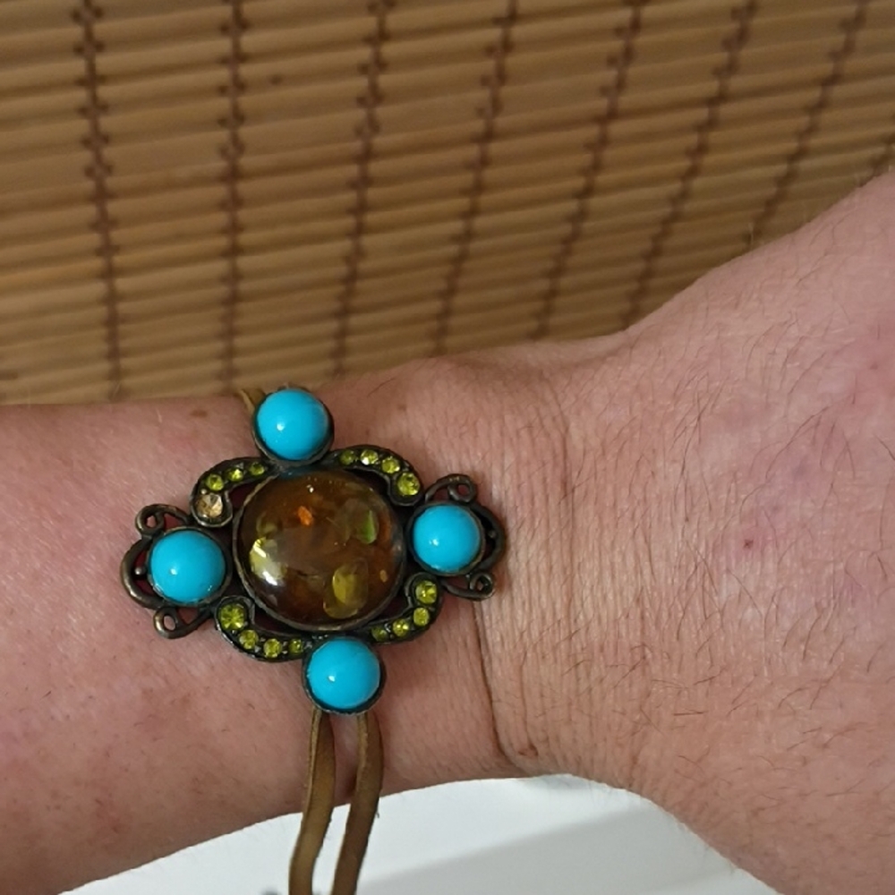 Turquoise and Amber Bracelet Handmade Suede Band